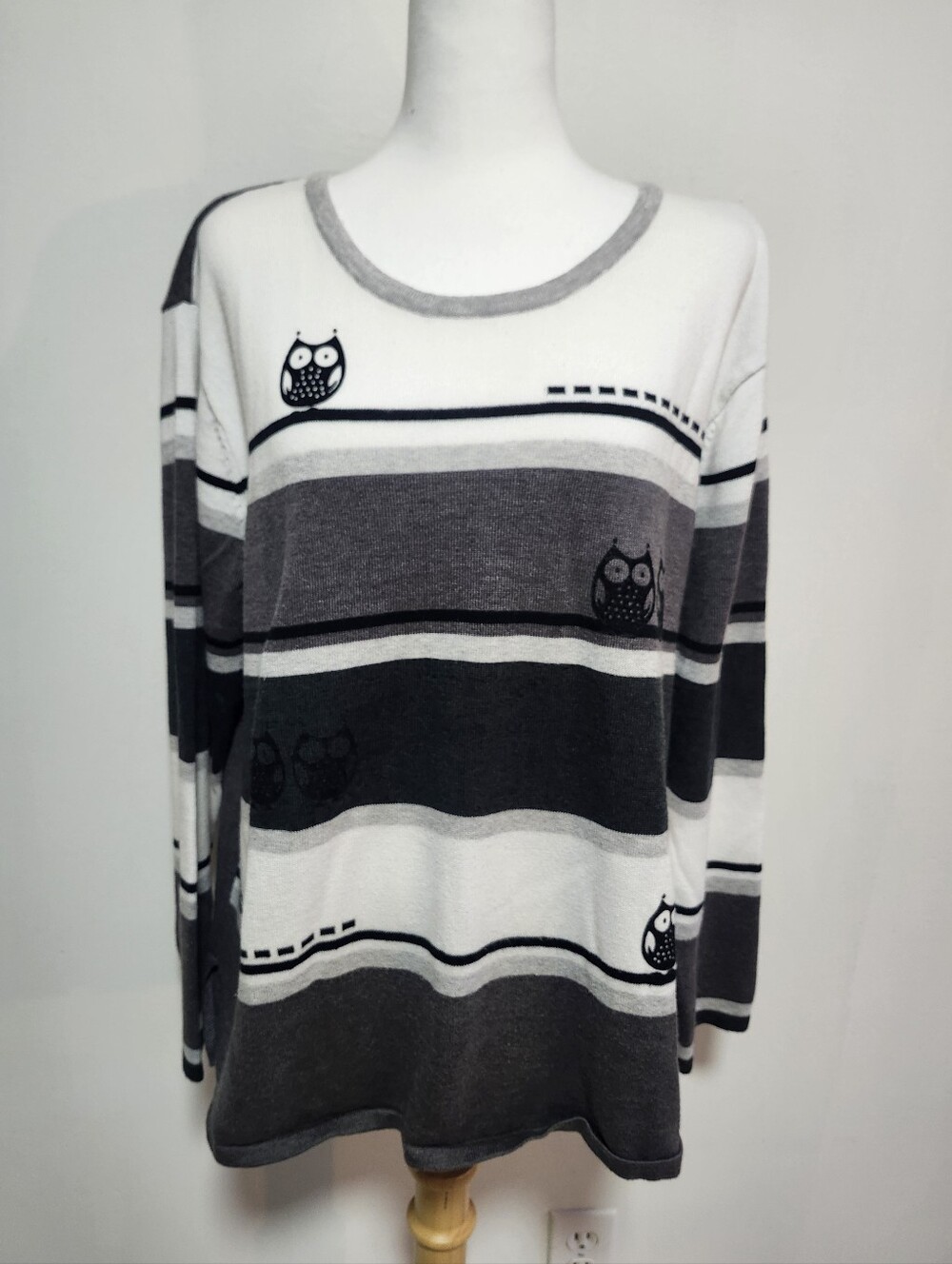 Moffi Gray & White Striped Crewneck Sweater with Owl Motif